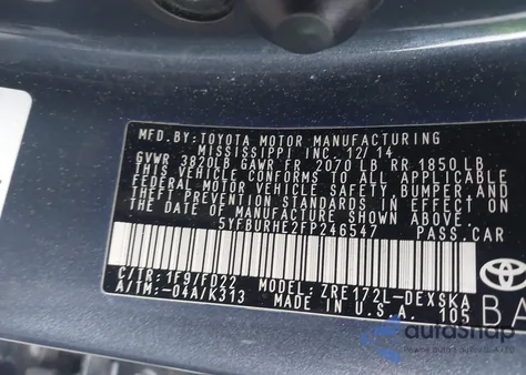 2015 Toyota Corolla S Plus from USA, damaged, VIN 5YFBURHE2FP246547